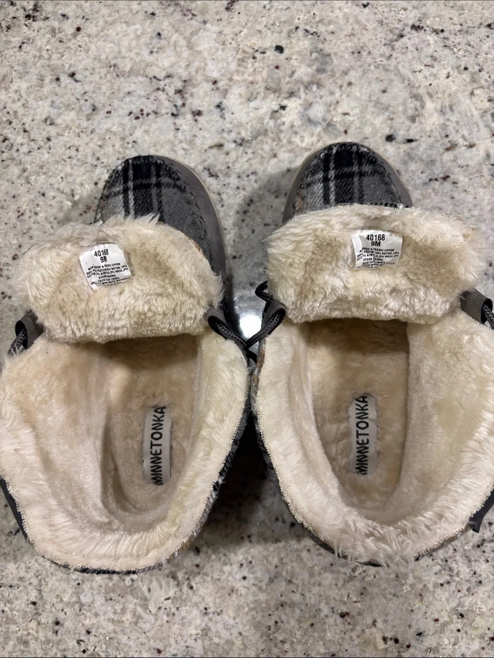 Minnetonka Plaid Faux-Fur Lined Ankle Moccasins in Gray and Tan